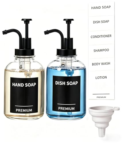 12oz Dish Soap Dispenser for Kitchen, Hand Glass Soap Dispenser Set with Pump, Tray, Funnel for Bathroom, Shower, Laundry, Liquid, Lotion (Black 2 Pack Clear Bottles with 12 Stickers) - color: Black, size: 12Oz