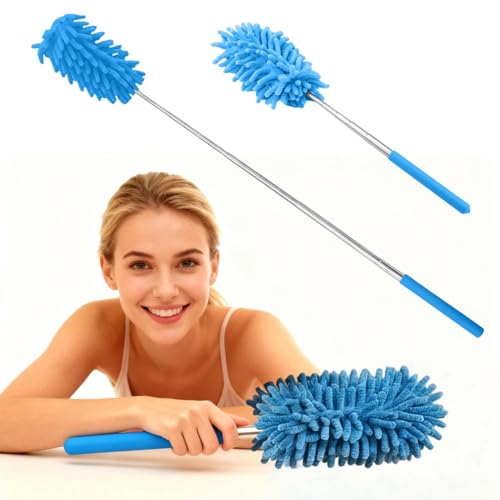 Extendable Microfiber Duster, Telescoping Dusting Brush for Home and Car Cleaning, Adjustable Length, Soft and Flexible - color: Elongated Blue