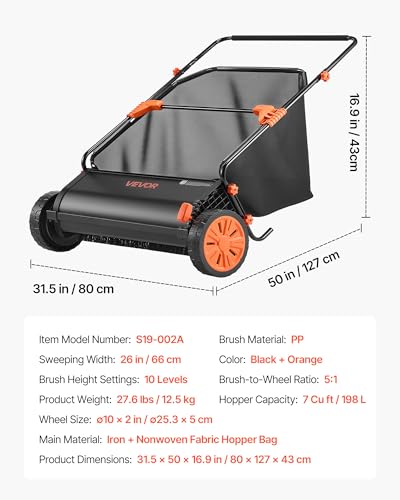 VEVOR Push Lawn Sweeper, 26 in Leaf & Grass Collector with 7 cu. ft. Hopper Bag, Adjustable Brush Height & Spinning Brushes, Heavy Duty Yard Sweeper with Rubber Wheels for Leaves Grass Cleanup