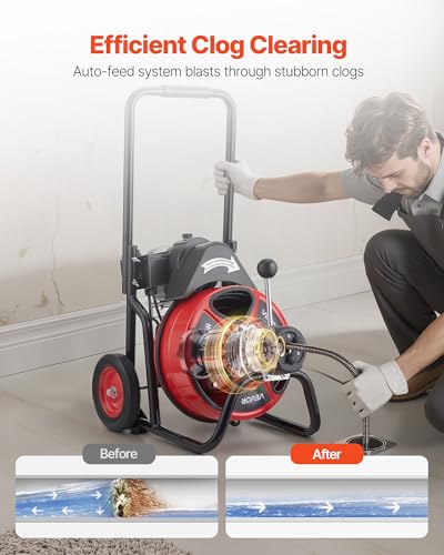 VEVOR Drain Cleaner Machine 75 FT x 3/8 Inch, Auto Feed Sewer Snake Auger on Wheels, Portable Drain Cleaning Machine with 4 Cutters & Air-activated Foot Switch for 2" to 4" Pipes - style: 75 FT x 3/8''