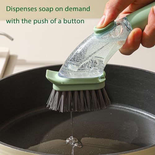 DAPOWER Soap Dispensing Dish Brush with Handle, Kitchen Scrub Brush for Dishes Pots Pans Sink Cleaning (Light Green)