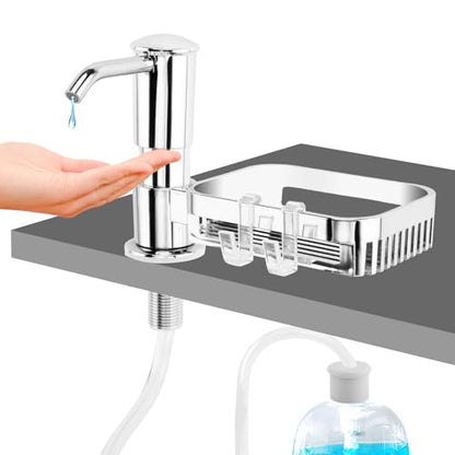 Built-in Kitchen Sink Soap Dispenser With 40" Extension Tube Kit and Storage Basket, Liquid Pump, No Need to Refill Little Bottle (Silver) - color: Silver Color