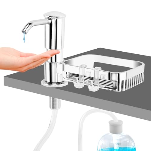 Built-in Kitchen Sink Soap Dispenser With 40" Extension Tube Kit and Storage Basket, Liquid Pump, No Need to Refill Little Bottle (Silver) - color: Silver Color