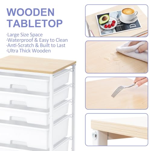 SYKIARIOL Utility Cart with 5 Drawers,Storage Drawer Cart with Wooden Tabletop and Lockable Wheels,Craft Storage Trolley Cart,5-Tier Rolling Utility Cart on Wheels,Bright White - color: Bright White