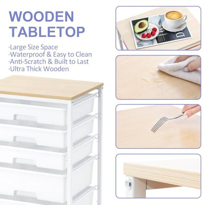 SYKIARIOL Utility Cart with 5 Drawers,Storage Drawer Cart with Wooden Tabletop and Lockable Wheels,Craft Storage Trolley Cart,5-Tier Rolling Utility Cart on Wheels,Bright White - color: Bright White