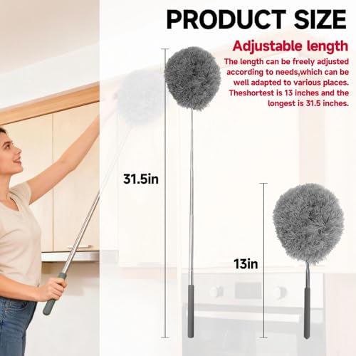 Extendable Microfiber Duster, Telescoping Dusting Brush for Home and Car Cleaning, Adjustable Length, Soft and Flexible - color: Round Grey