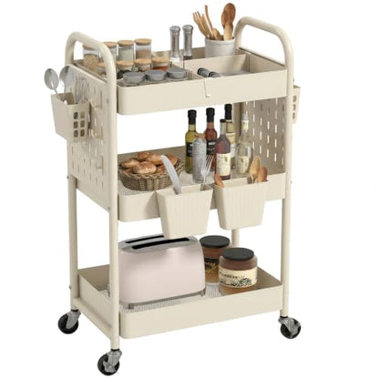 danpinera 3 Tier Rolling Cart with Retractable Dividers, Multi-Functional White Rolling Utility Cart with Pegboards, Hooks & Hanging Cups for Nursery, Living Room, Studio - color: Beige, size: with Dividers