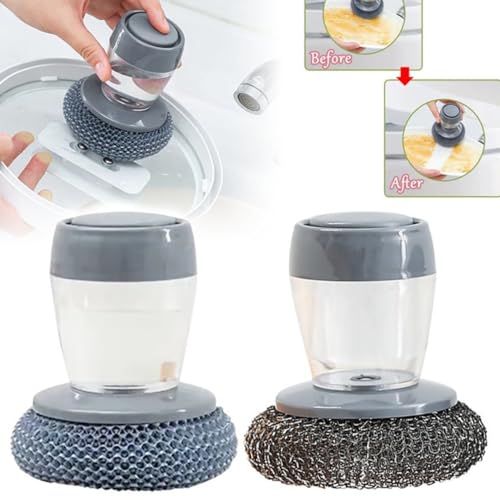 Kitchen Soap Dispensing Palm Brush, Stainless Steel Scrubber Sponge with Storage Base, Push-Type Dish Cleaner, Random Colour (Random Colour)