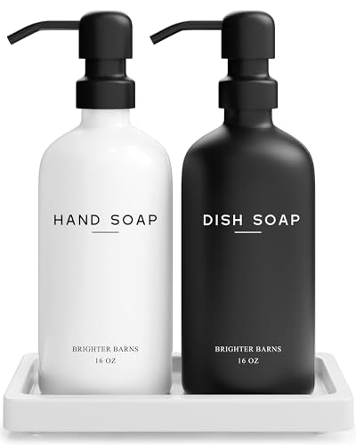 Luxury Glass Hand and Dish Soap Dispenser Set by Brighter Barns - Kitchen Soap Dispenser Set with Tray for Kitchen, Home or Restaurant - Modern Farmhouse Kitchen Decor (Black/White) - color: Black White Hd
