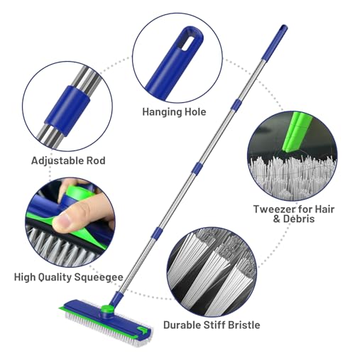 Floor Scrub Brush with Long Handle: 3 in 1 Heavy-Duty Floor Scrubber Brush with Squeegee for Cleaning Tile Bathroom Deck Kitchen Patio - Blue - color: Blue