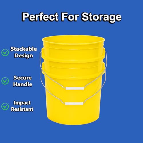 MKS Plastics 5-Gallon Bucket with Airtight Lid – Made in USA, Food Grade BPA Free Plastic, Heavy Duty Multi-Use, Metal Handle with Grip, Stackable Storage – Yellow, 3 Pack - color: Yellow, size: 3