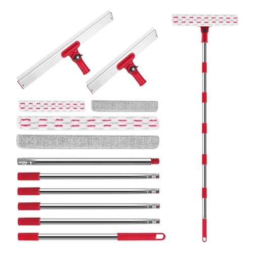 86.6" Window Squeegee for Home, Squeegee for Window Cleaning Kit with 6-Section Adjustable Long Handle, 16" & 12" Glass Scraper Squeegee for Shower Glass Doors & Windshield, Includes 4 Microfiber Pads - style: Window Cleaning Kit-2 Blade