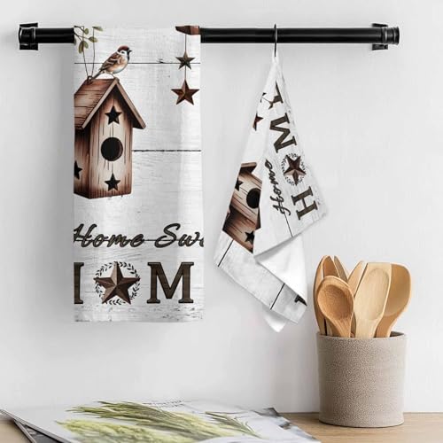 Bird Houses Kitchen Towels Set of 3 Sparrows Home Sweet Branch Star White Wood Grain Decorative Dish Towels Ultra Soft Microfiber Absorbent Reusable Dishcloths for Kitchen Drying, 18x28 Inch - size: 28" x 18" (Pack of 3)