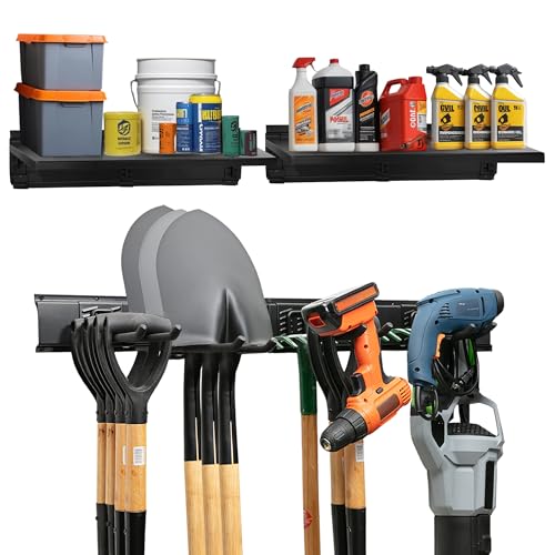 Heavy-Duty Garage Wall Storage System | Wall Mounted Tool Organizer Rack with Shelving | 10-Piece Mounting Kit | Includes 4x8.5” Adjustable Hooks & 2x16.5” Floating Utility Shelves - size: 64" Carbon Steel with 2 Shelves & Single Hooks