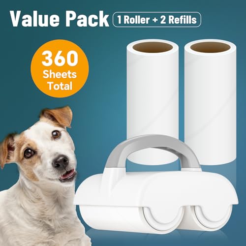 NiHome Dual Lint Remover Roller & 4 Refills, Strong Adhesive for Pet Hair, Dust, Lint Removal on Clothes, Furniture, Bedding, Curtains, Car Seats, 90 Sheets/Roll, Easy Tear & Replace for Travel, Home
