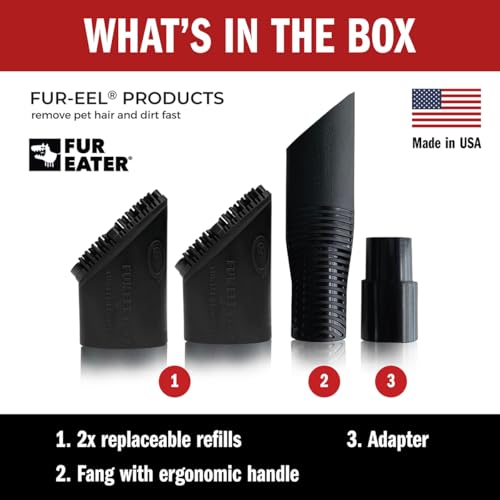 FUR-EEL PRO 2.0 Pet Hair Remover Kit, Handle + 2 Replaceable Rubber Brush Heads for Dog & Cat Hair, Fits 32, 35 & 38 mm Round Hoses, for Car Seats, Mats, Carpet & Upholstery - color: Refill x6, Fang, Adapter