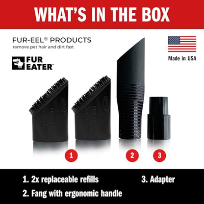 FUR-EEL PRO 2.0 Pet Hair Remover Kit, Handle + 2 Replaceable Rubber Brush Heads for Dog & Cat Hair, Fits 32, 35 & 38 mm Round Hoses, for Car Seats, Mats, Carpet & Upholstery - color: Refill x6, Fang, Adapter