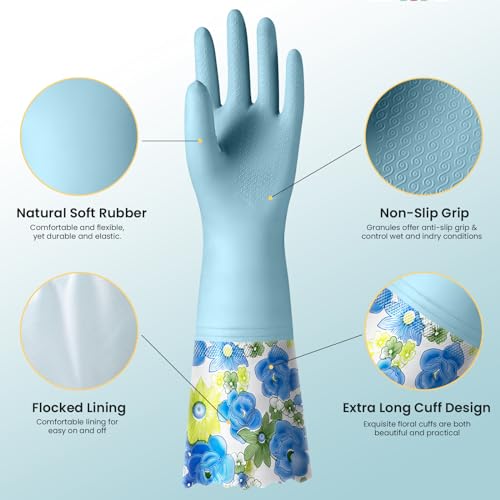 KAQ 3 Pairs Rubber Cleaning Gloves, Reusable Dishwashing Gloves for Kitchen with Cotton Liner, Long Cuff 16", Waterproof Non-Slip Household Gloves for Bleaching Bathroom, Laundry, Gardening (Large) - size: Large(Pack of 3)