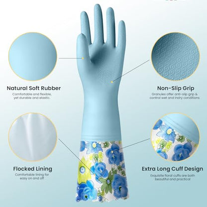 KAQ 3 Pairs Dishwashing Cleaning Gloves, Reusable Long Rubber Gloves with Cotton Lining, Latex Free Dish Washing Gloves, Water Resistant Household Glove for Kitchen Bathroom(Medium) - size: Medium(Pack of 3)