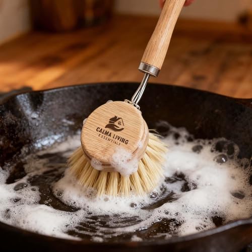 Bamboo Scrub Brush with Handle – Soft Sisal Bristles, Non-Toxic Dish Brush, Compostable & Biodegradable, Bamboo Dish Scrubber for Cookware, Bowls, Plates & Non-Stick Pans