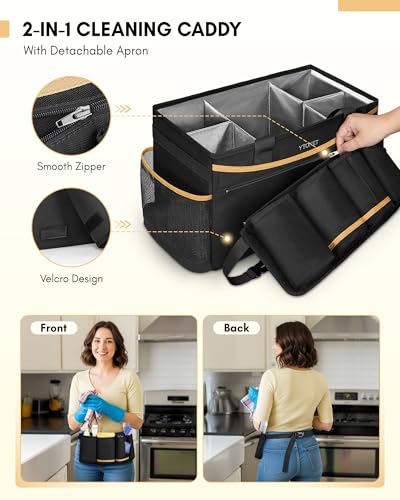Ytonet Cleaning Caddy Bag with Detachable Apron, Extra Large Cleaning Supplies Organizer with Foldable Dividers, Portable Cleaner Tote with Handle, Cleaner Caddy for Housekeeper, Detailing Bag, Black - color: Black