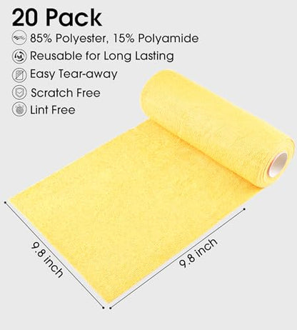 KitchLife Microfiber Cleaning Cloth Roll - Tear-Away Reusable Microfiber Paper Towels, Lint-Free, Washable, 20 Sheets for Kitchen, Car, Dishes, and Sensitive Surfaces (Yellow) - color: Yellow