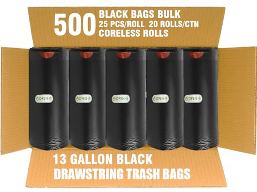 BEIDOU-PAC 13 Gallon Trash Bags Drawstring, 500 Count Bulk Value Pack, Black & Unscented Garbage Bags, Multi-purpose Tall Kitchen Trash Bags Can Liners for Business Home Commercial and Industrial - style: 13 Gallon |500 Count(Value Pack)