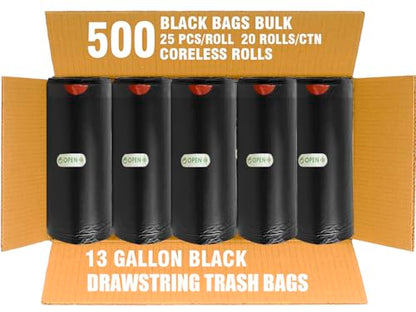 BEIDOU-PAC 13 Gallon Trash Bags Drawstring, 500 Count Bulk Value Pack, Black & Unscented Garbage Bags, Multi-purpose Tall Kitchen Trash Bags Can Liners for Business Home Commercial and Industrial - style: 13 Gallon |500 Count(Value Pack)