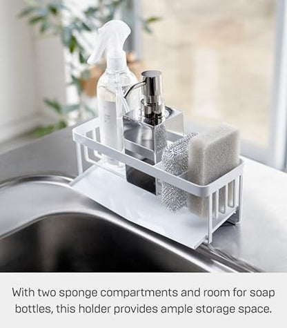 Yamazaki Home Tower Self-Draining Sponge and Soap Bottle Rack, Kitchen Sink Organizer Metal Holder with Removable Tray - Steel - color: White