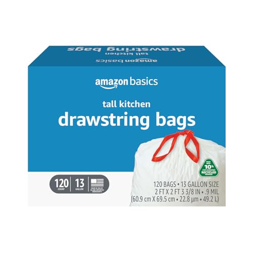 Amazon Basics 13 Gallon Tall Kitchen Drawstring Trash Bags, Unscented, 10% Post Consumer Recycled, 120 Count, White - size: 1 Count (Pack of 120)