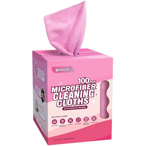 UNIMADE Microfiber Cleaning Cloth, 100 Sheets Microfiber Towels for Cars Commercial Grade Washcloths Lint-Free Bulk Shop Towel Cleaning Rags for Household Restaurant Garage Housekeeping,11"x 9", Pink - color: Pink