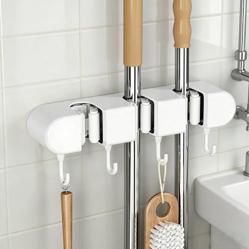 1 Pcs Mop Holder Wall Mount Organizer with 3 Clip 4 Hook Cleaning Tool Storage Rack for Kitchen Closet for Partner(White) - color: White 3 clip 4 hook