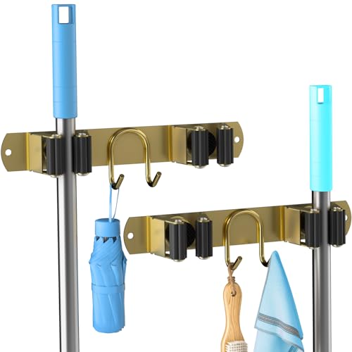 Broom Holder Wall Mount, 2-Pack Stainless Steel Mop and Broom Organizer, Broom Hanger with 2 Slots 2 Hooks for Home Kitchen, Garage, Garden and Laundry Room, Gold - color: Gold-2 Pack
