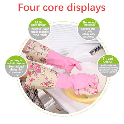 Gloves for Cleaning, Cleaning Gloves for Women With Velvet Lining and Non-Slip Grip, Long-Lasting Rubber Cleaning Gloves for Household Cleaning, Reusable Kitchen Gloves for Washing Dishes, Pink