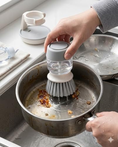 Soap Dispensing Palm Brush with Storage Stand - Self-Draining Kitchen Scrub Brush Set for Dishes & Pans, Push Button Cleaning Brush with Refillable Dispenser, 3.3 x 4.9 Inches, White & Grey