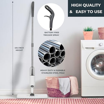 True & Tidy® SPRAY-250 Multi-Surface Spray Mop with Refillable Water Bottle for Floor Cleaning, Works on Wood, Tile, Marble etc, Use Any Cleaning Solution, Machine Washable Microfiber Mop Pads, White