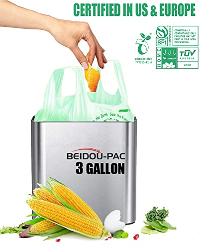 BEIDOU-PAC 100% Compostable Trash Bags, 3 Gallon Compost Bags Small Kitchen Trash Bags with Handle, 200 Count Sturdy Garbage Bags Food Scrap Waste Bags, ASTM D6400, US BPI Certified - style: Handle | 3 Gallon | 200 Count