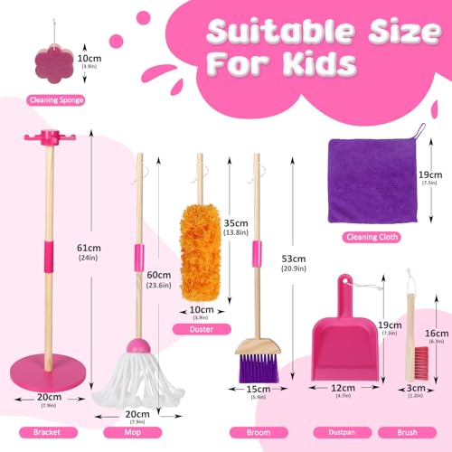 Masthome Wooden Kids Cleaning Set, 8 Pcs Toddler Housekeeping Pretend Play Toys, Broom Mop Dustpan Duster Cleaning Tools with Storage Stand, Educational Life Skill Play Kit for Boys GirlsAges 3+