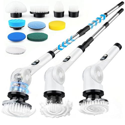 Electric Spin Scrubber, 3-Speed Cordless Shower Scrubber with 90° Adjustable & 10 Replaceable Brush Heads, 90 Mins Runtime & Full-Body IPX7 Waterproof Shower Cleaner Brush with Long Handle