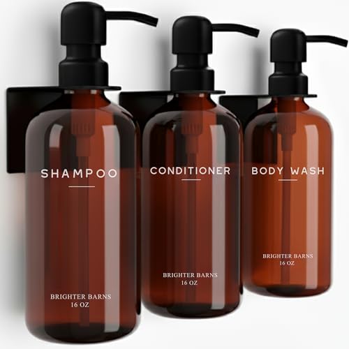 Amber Shampoo and Conditioner Dispenser Set Wall Mounted by Brighter Barns - Plastic Shower Dispenser Set - 3 Chamber Drill Free Shampoo Bottles - Modern Bathroom Decor for Guest Bathroom, Spa (Amber) - color: Modern (Amber)