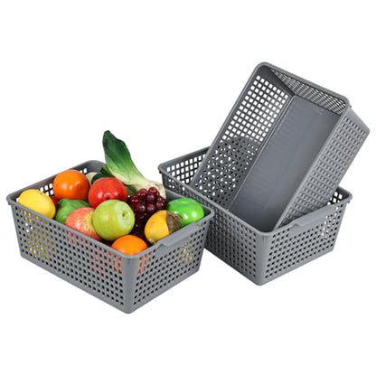 Farmoon Grey Plastic Weave Organizer Basket, 3 Packs Plastic Storage Baskets