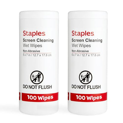 Staples Screen Cleaning Wipes – 100 per Tub, Safe for Monitors, Laptops & Electronics, 2‑Pack - size: 2 Pack