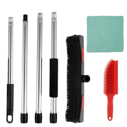 Rubber Broom with Squeegee Efficient Carpet Rake Broom with Adjustable Handle Practical Fur Remover Broom Reusable Detailing Lint Remover Brush Pet Hair Removal Broom for Pet Floor Carpet