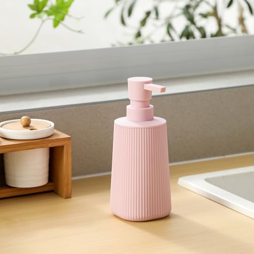Small Soap Dispenser for Bathroom and Kitchen, Modern Farmhouse Striped Style Plastic Hand Soap Dish Soap Dispenser with Pump Matte Pink for Girls - color: Light Pink