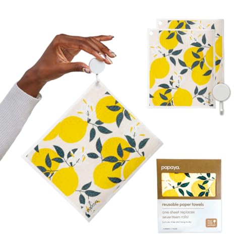 Papaya Reusable Paper Towels, Premium Swedish Dishcloths with Hook, Non-Scratch Reusable Paper Towel, 1 Sheet Replaces 17 Rolls - 2 Sheets, 1 Hook - color: Squeeze the Day