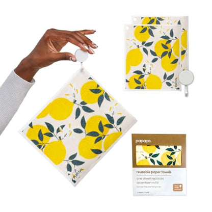 Papaya Reusable Paper Towels, Premium Swedish Dishcloths with Hook, Non-Scratch Reusable Paper Towel, 1 Sheet Replaces 17 Rolls - 2 Sheets, 1 Hook - color: Squeeze the Day