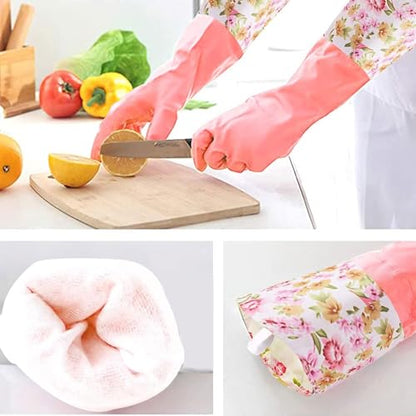 KINGFINGER 2 Pairs Latex-Free Reusable Dishwashing Gloves,PVC Waterproof Long Cuff and Flock Lining Household Cleaning Gloves,for Kitchen & Bathroom Cleaning, Large - color: Purple+pink