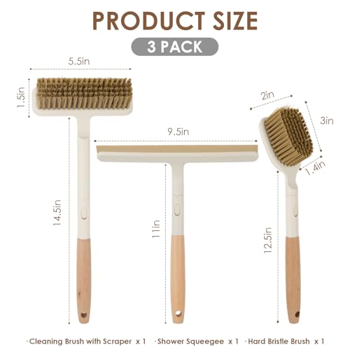 3 Pack Hard Bristle Scrub Brush Set with Long Wooden Handle, 2-in-1 Heavy-Duty Scrubbing Brushes with Scraper Strip, Glass Shower Squeegee, Cleaning Brush for Bathroom, Shower, Floor, Bathtub, Walls