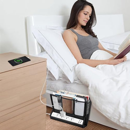 AKAYOK Bedside Caddy Hanging Bed Organizer Storage Bag Pocket with Power Strip Holder Multi-functional Organizer Caddy for Remotes Phone Glasses Magazines, Tablets, Accessories (7 pocket) - size: 7 pocket