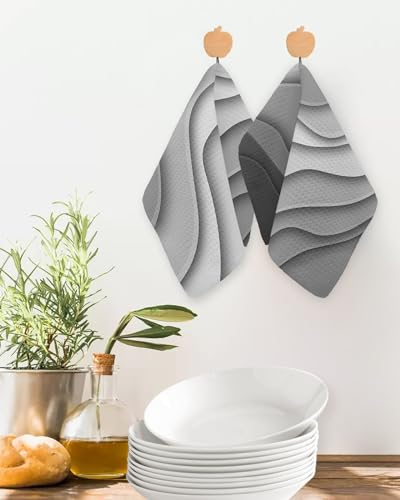 Abstract Geometric Art Dish Towels Set,Waffle Weave Kitchen Towels 2 Pieces,Hair Face Bath Tea Towel Absorbent Quick Drying Cleaning Dish Cloths,Modern Ombre Grey White Ocean Seawaves 12"x12" - color: Black, size: 2PCS,12"x12"